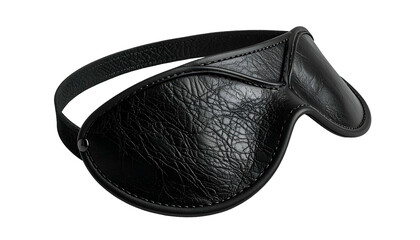 A close-up shot of a black, leather sleep mask with textured surface and strap