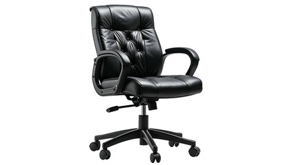 A plush, black leather office chair, button-tufted back, on a wheeled base
