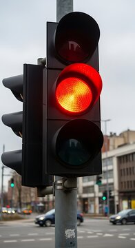 A traffic light with a red light on