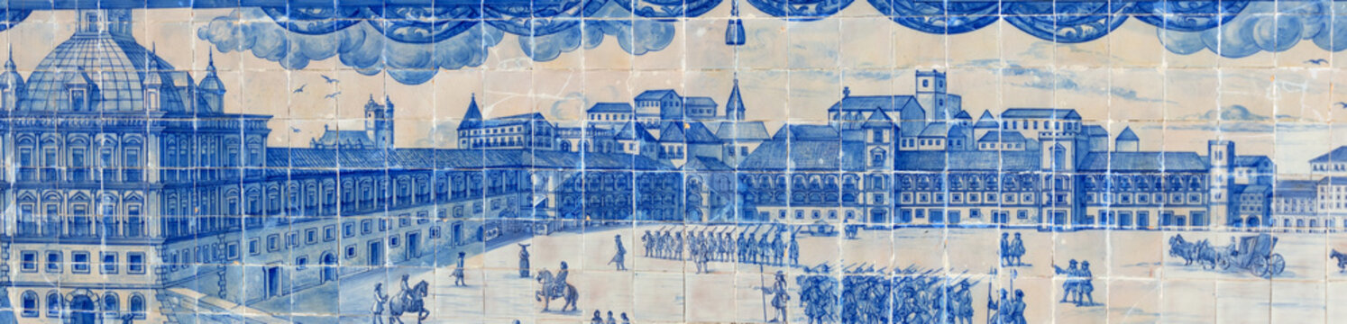 Public display of the story telling tiles of the Conquest of Lisbon in 1147 at the Miradouro de Santa Luzia in Lisbon Portugal PRT