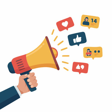 Hand Holding Megaphone Broadcasting Social Media Icons for Digital Marketing and Online Promotion