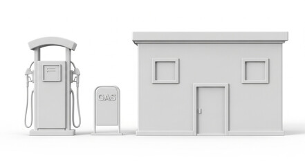Gas station and building in a minimalist style, white color, isolated on white background.
