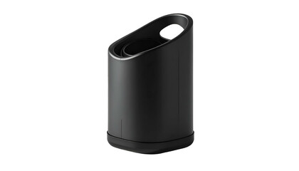 Sleek, matte black cylindrical object with a tilted, open top and a small handle
