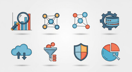 Data analysis and visualization icons representing various technological concepts and processes.