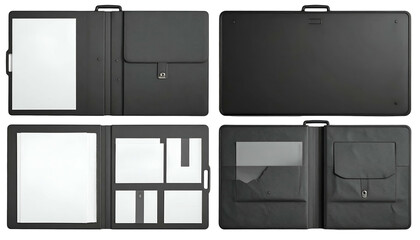 Black business portfolio, open & closed, displaying interior compartments and paper