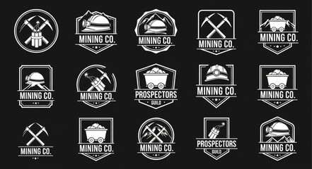 Collection of mining company logos in various shapes and designs, vintage style.