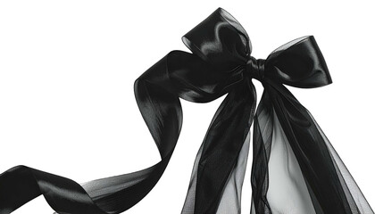 Elegant close-up of a large black satin bow with long, sheer, flowing ribbons against black