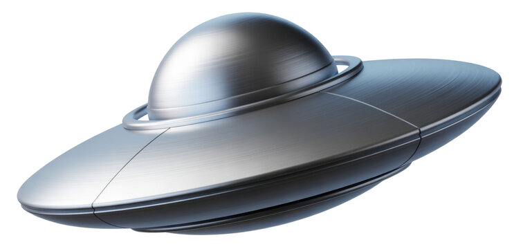 Silver UFO with dome on spaceship flying saucer metallic isolated on a transparent background