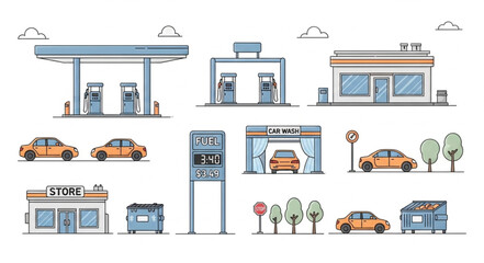 Gas station and car wash services with various vehicles and related elements.