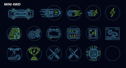 Mini 4WD Circuitry Icons - Futuristic Digital Racing Components Displayed.