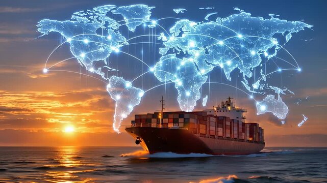 A container cargo ship navigates through the sea. The concept of global trade, maritime transport, and international logistics. Generative AI.