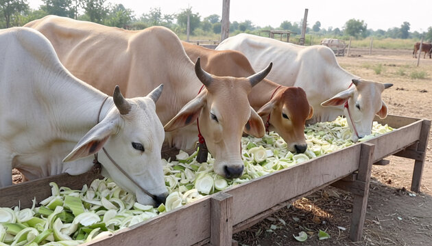 roup of cows eating chopped banana stalks and green fodder in a wooden trough on a local farm in Thailand, agricultural livestock concept.