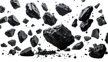 Floating, textured, dark gray geometric rocks against a stark, black background