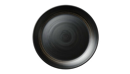 A top-down view of a textured, dark gray ceramic plate with concentric rings and a golden accent