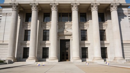 Stately Neoclassical Courthouse Facade With Towering Columns And Wide Stone Steps, Midday Light Casting Crisp Shadows, Grand Entrance Suggesting Authority And Civic Formality.
