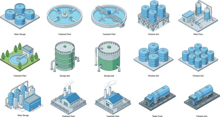 Isometric water treatment plant and storage infrastructure icon set featuring filtration units, storage tanks, tanker truck and industrial facilities for environmental engineering and utility design 