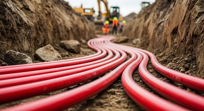 Red conduits being installed in a trench for underground cable network.