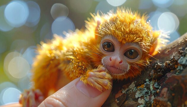 Close-up of a tiny golden lion tamarin monkey held in a human finger with soft bokeh background