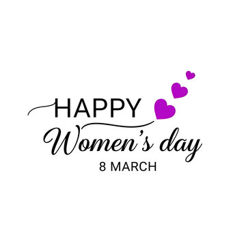 Elegant 'Happy Women's Day 8 March' text with floating purple hearts on white background.