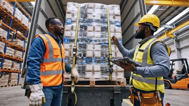 Securing pallets with straps teamwork. Ensuring safe transportation through proper cargo securing. Workforce in protective gear meticulously securing pallets inside trailer for safe shipment