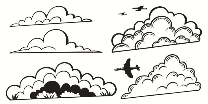 A whimsical illustration of various cloud formations in a clear blue sky Vector