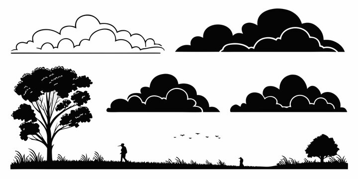 A serene landscape with a person walking under a vast sky filled with clouds and trees. Vector
