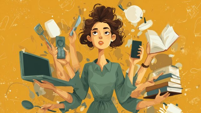 A woman with dozens of hands holding a cell phone, laptop, book, TV remote, and spoon--all at once. Too Many Tabs Open.