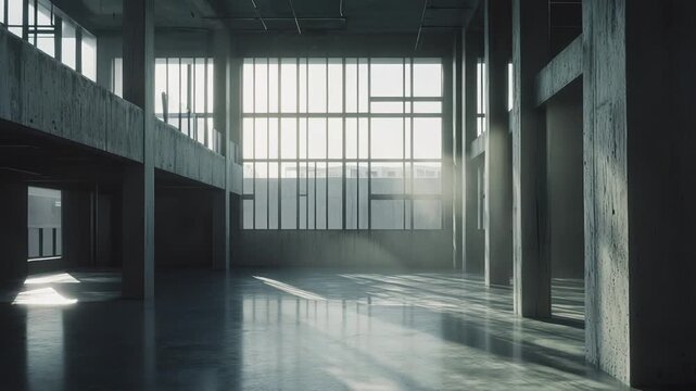 Large empty industrial concrete loft with expansive window wall pouring sunlight and long shadows across the polished floor, minimalist brutalist space ideal for studio, showroom, or renovation