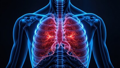 Detailed human respiratory system with glowing lungs and trachea