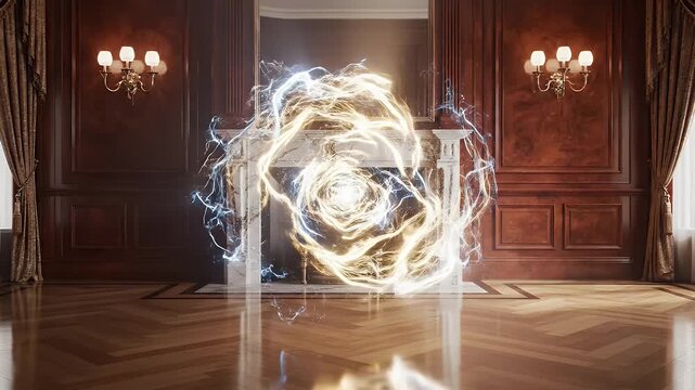 Abstract glowing energy vortex with blue and gold particles in elegant room with fireplace and ornate curtains