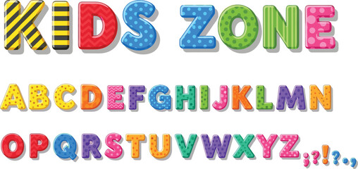 Colorful 3D alphabet and "Kids Zone" lettering in playful style for children's designs © Sohel