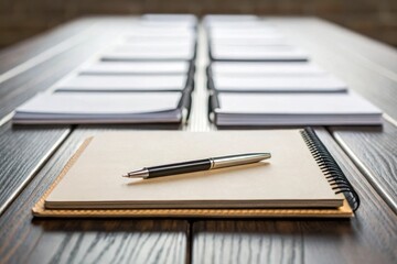 Naklejka premium Meeting Space with Notebooks and Pen on Wooden Conference Table