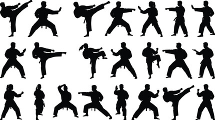 Black silhouettes of martial arts athletes practicing karate taekwondo and judo kicks punches and combat stances for sports fitness and training © Kamrul