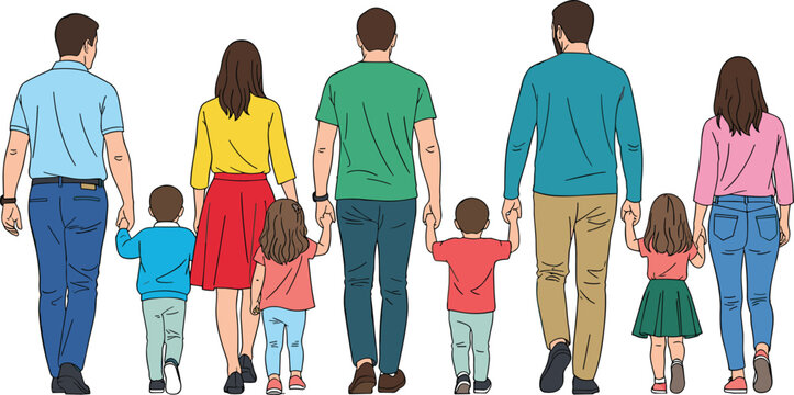 Happy extended family walking hand in hand from behind parents and children together colorful illustration family bonding love togetherness group