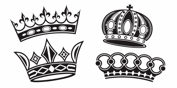 A collection of three distinct crowns, each with unique designs and intricate details. Vector