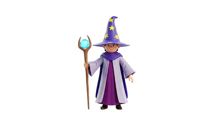 3D Render of a Cartoon Wizard Holding a Magic Staff