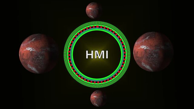 H M I interface concept with human machine interaction symbols and glowing blue lines on dark background. 4k video