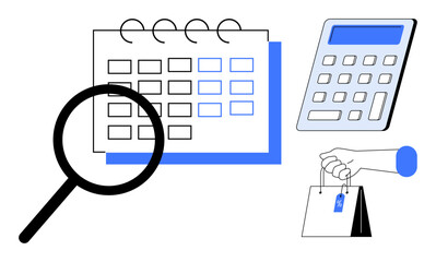 Obraz premium Financial planning, business operations, retail management, cost evaluation, budgeting, market analysis. Calendar, calculator magnifying glass hand with shopping bag. Budgeting and financial