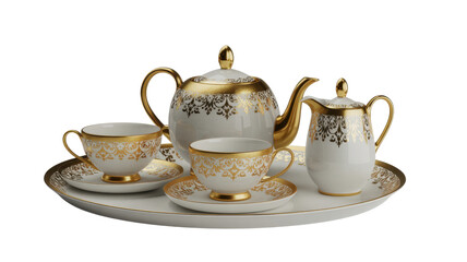 Fototapeta premium White and gold tea set white tea set teacups teapot isolated on a transparent background
