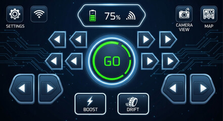 Drone control interface with various buttons and indicators for flight operations and settings.