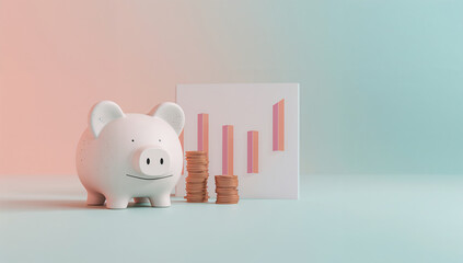 パステル背景に貯金箱とコインを並べた資産形成のビジネス素材