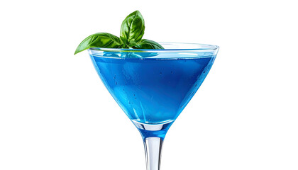 Bright blue cocktail in a coupe glass with basil garnish, set against black