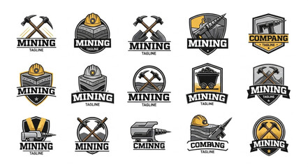 Collection of mining industry logos featuring pickaxes and helmets in various designs.
