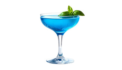 A vibrant blue cocktail in an elegant glass, garnished with fresh basil leaves