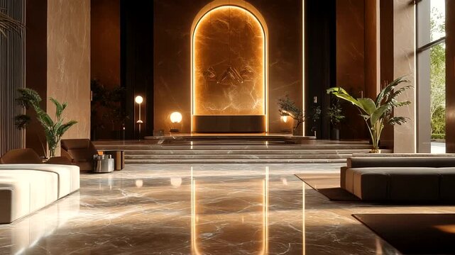 Elegant modern lobby with marble floor and plants