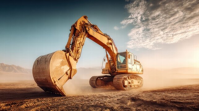 The yellow excavator is hard at work, moving earth on a sunny day in a dusty desert environment.