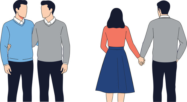 Man with red hickey on neck hugging another man, then holding hands with unaware woman from behind, infidelity betrayal illustration