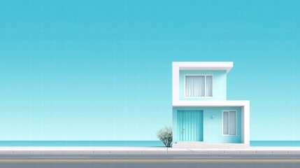 Minimalist house by the sea with a clear blue sky