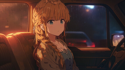 Thoughtful Character in a Rainy Night Car Scene: An Emotional Anime Journey Through Urban Lights and Reflections