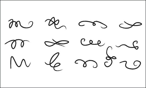 Flourish hand drawn swash line set. Flourish line calligraphy hand drawn pen ink brush thin stroke curve..Elegant vintage doodle swirl scroll underline text decoration design. Vector illustration. 
